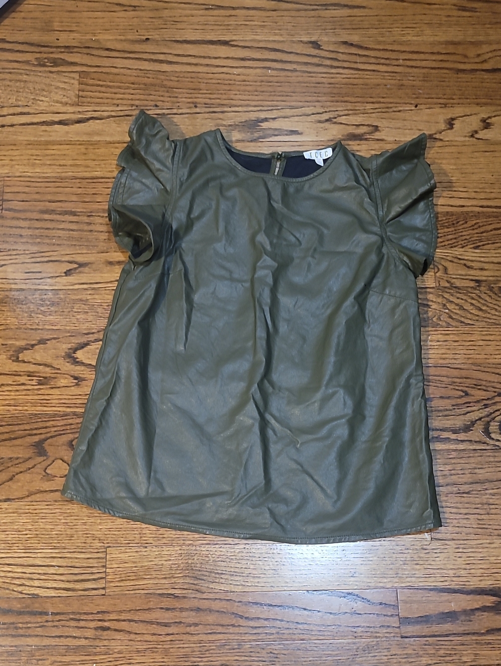 TCEC Olive Faux Leather Ruffle Sleeve Top